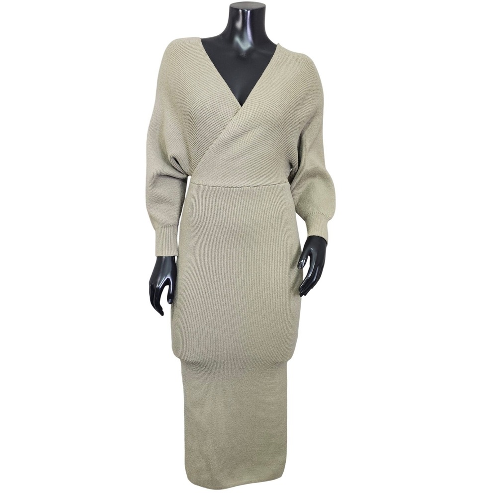 Petal + Pup Sage Green Rib Knit Wrap Midi Dress Balloon Sleeve AU 8 US 4